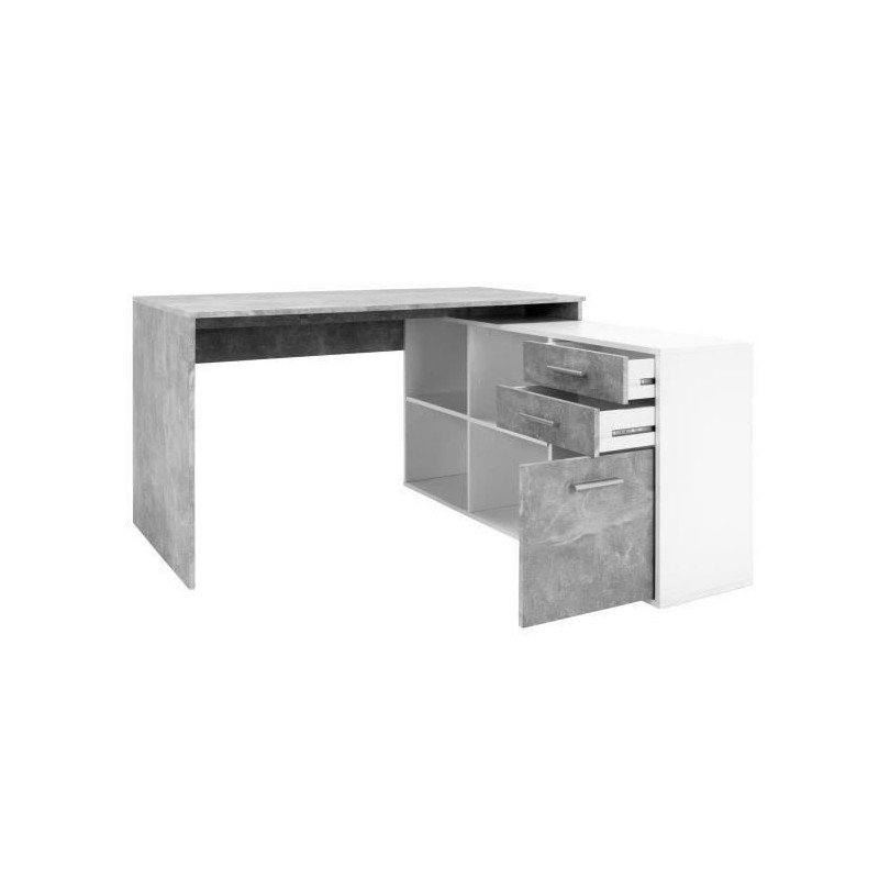 Bureau d'angle London - Panneaux de particules - Décor béton structuré, blanc - 136 x 75 x 139 cm