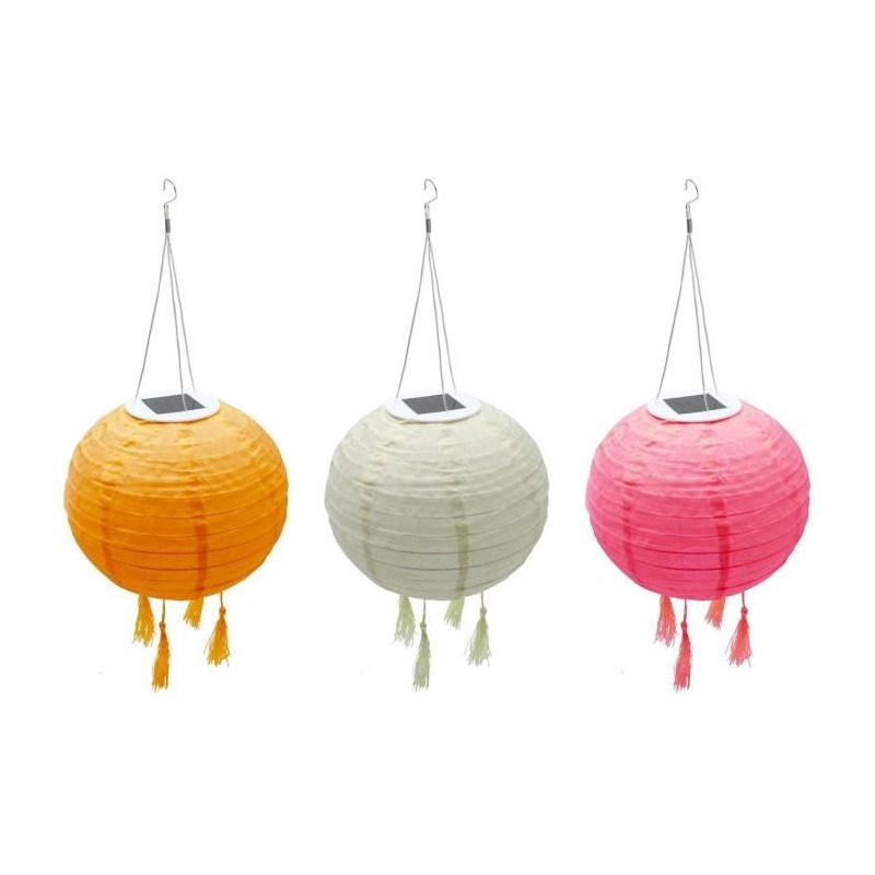 Lot de 3 lampions solaires - LUMISKY - SHANGRI LA - H20 cm - Rose, creme et orange - LED blanc chaud