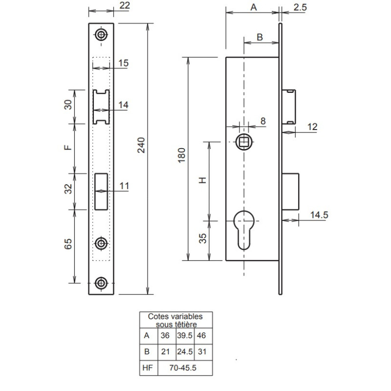 Serrure monopoint à larder profil étroit entraxe 70 mm HERACLES F10721100H