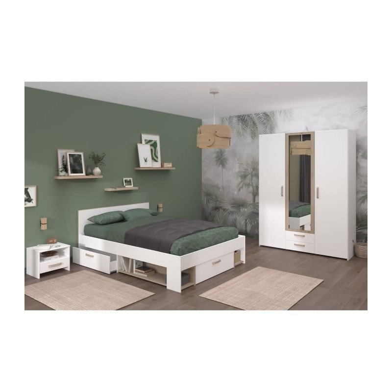 Chambre complete adulte - DREAM - Lit 140x190/200 cm + 2 chevets + armoire - Décor blanc et chene - PARISOT
