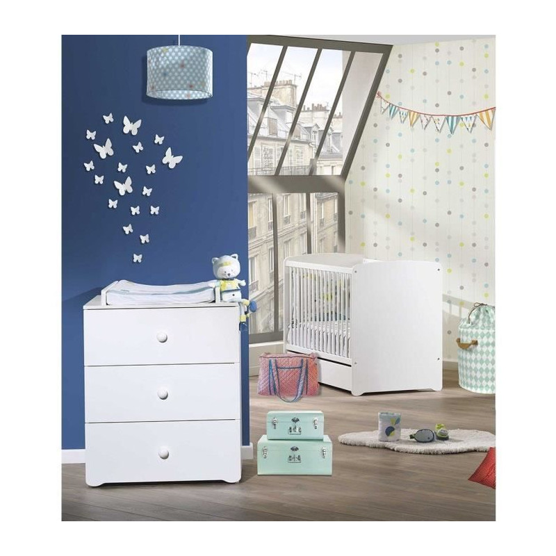 Chambre bébé duo Basic boule: Lit 120x60, commode a langer - Babyprice - Blanc