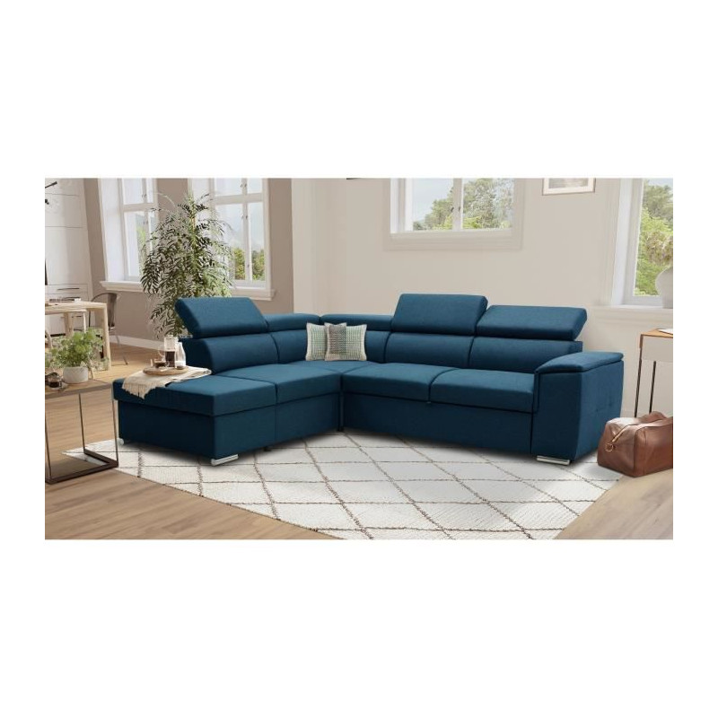 Canapé d'angle convertible réversible avec coffre - 5 places - DAYTONA - Tissu bleu - 260 x 77 / 94 x 216 cm