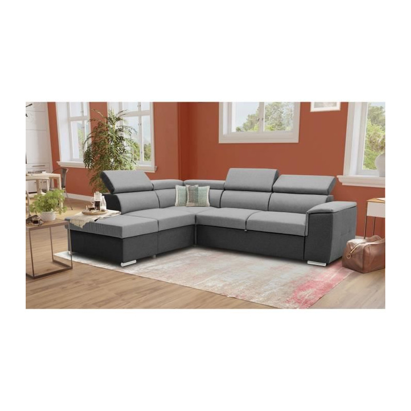 Canapé d'angle convertible réversible avec coffre - 5 places - DAYTONA - Tissu gris et anthracite - 260 x 77 / 94 x 216 cm