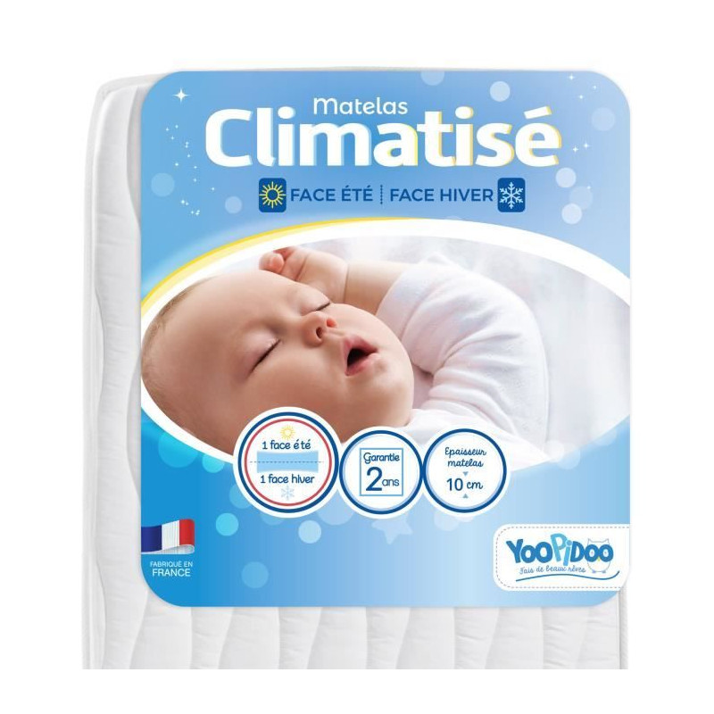 Yoopidoo - Matelas Bébé Climatisé - 60x120 cm - 1 face Été fraîche / 1 face Hiver ouatinée - Sans Traitement chimique