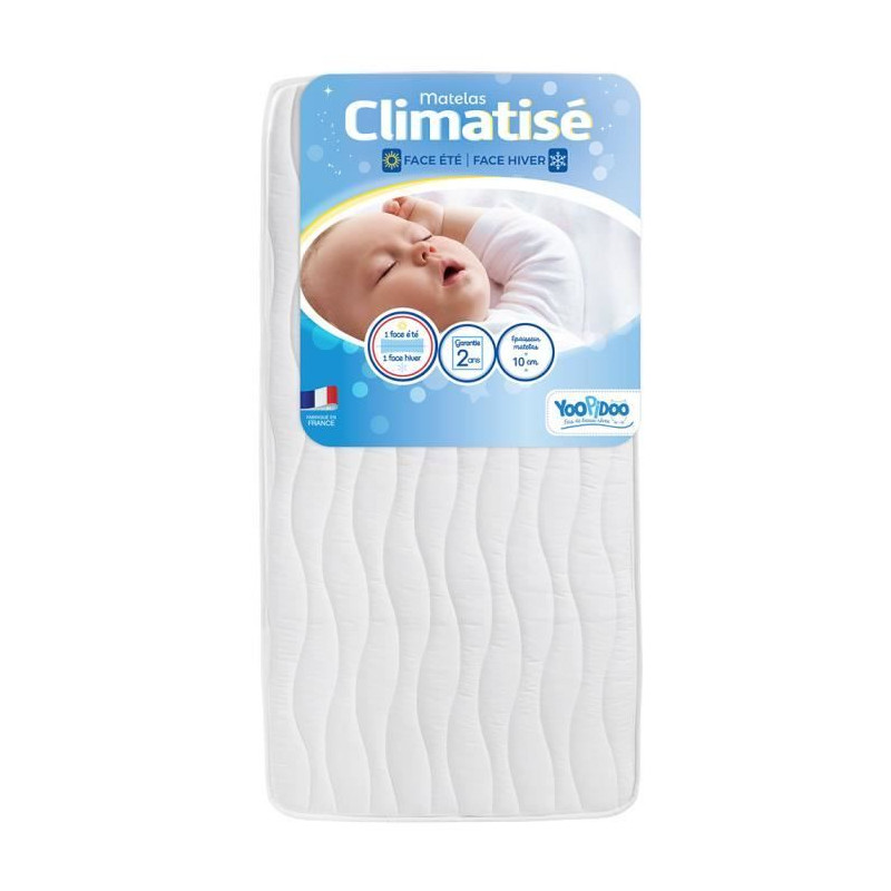 Yoopidoo - Matelas Bébé Climatisé - 60x120 cm - 1 face Été fraîche / 1 face Hiver ouatinée - Sans Traitement chimique