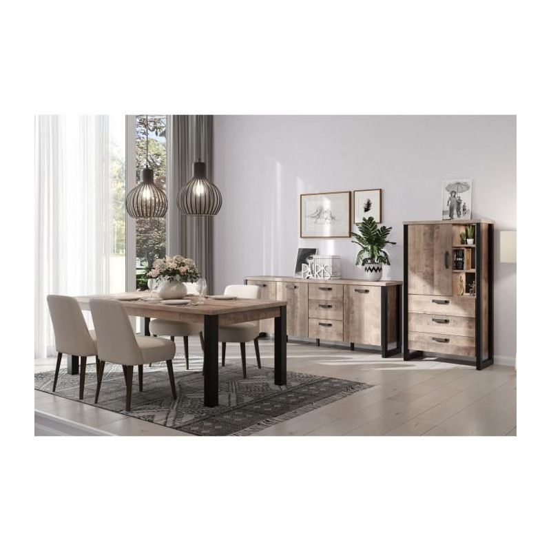 Table a manger EMILE 10 personnes - Mélamine chene brun tabac et noir mat - L200 x P100 x H77 cm - TRENDTEAM