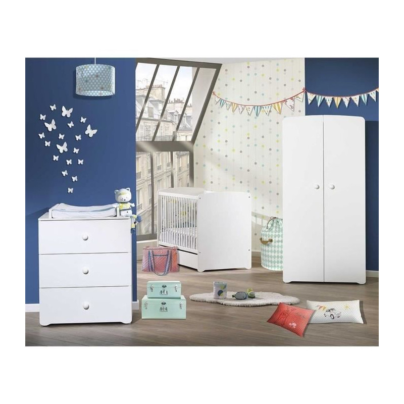 Chambre bébé trio Basic boule: Lit 120x60, commode a langer et armoire - Babyprice - Blanc