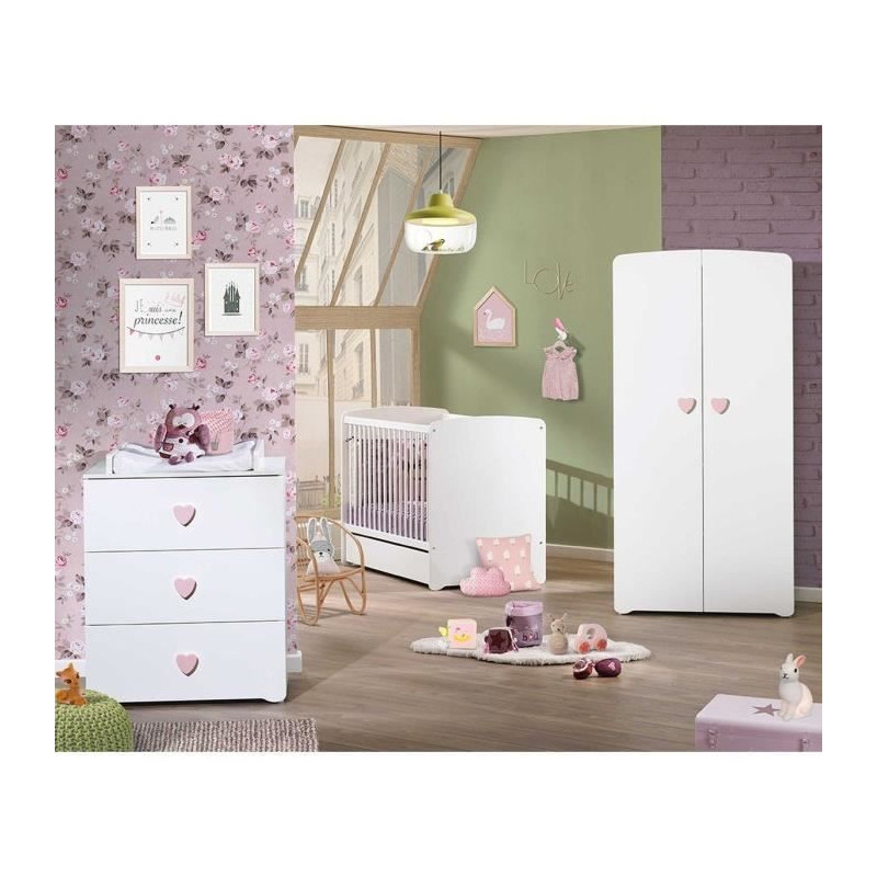 Chambre bébé trio Basic coeur: lit 120x60, commode a langer et armoire - Babyprice - Blanc