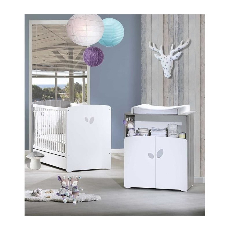 Chambre bébé duo Leaf: lit 120x60, commode a langer - Babyprice - Blanc