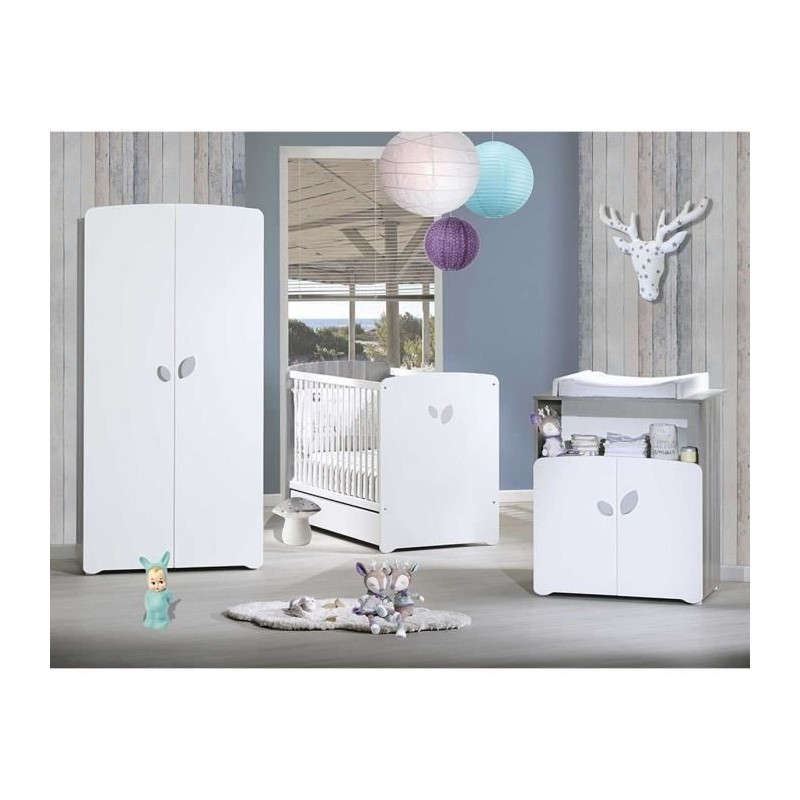 Chambre bébé trio Leaf: lit 120x60, commode a langer et armoire - Babyprice - Blanc