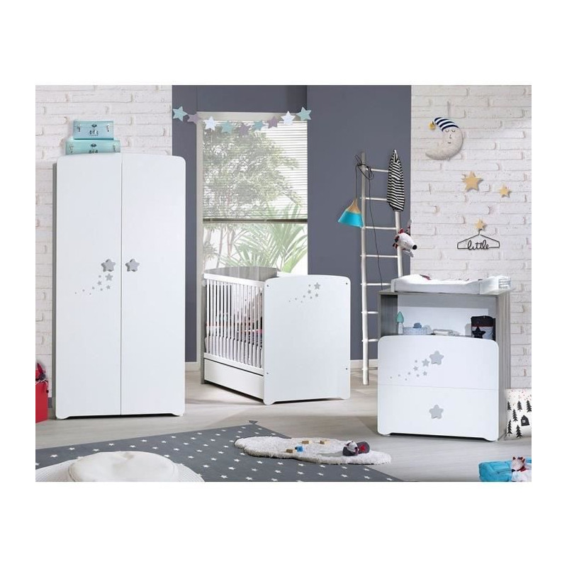 Chambre bébé trio Nao: lit 120x60, commode a langer et armoire - Babyprice - Blanc