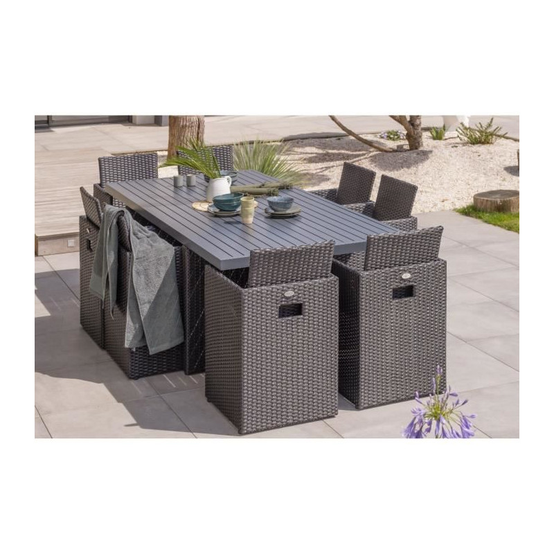 Ensemble repas de jardin encastrable - Noir - Résine tressée et plateau aluminium - 8 places - PVC-8-ALU-N - DCB GARDEN