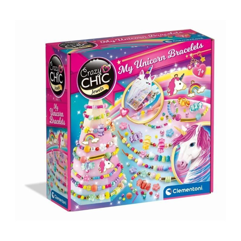 Clementoni - Crazy Chic - Coffret créatif Licorne - Créer tes bracelets en perles colorés avec charms et pompoms - Dés 7ans