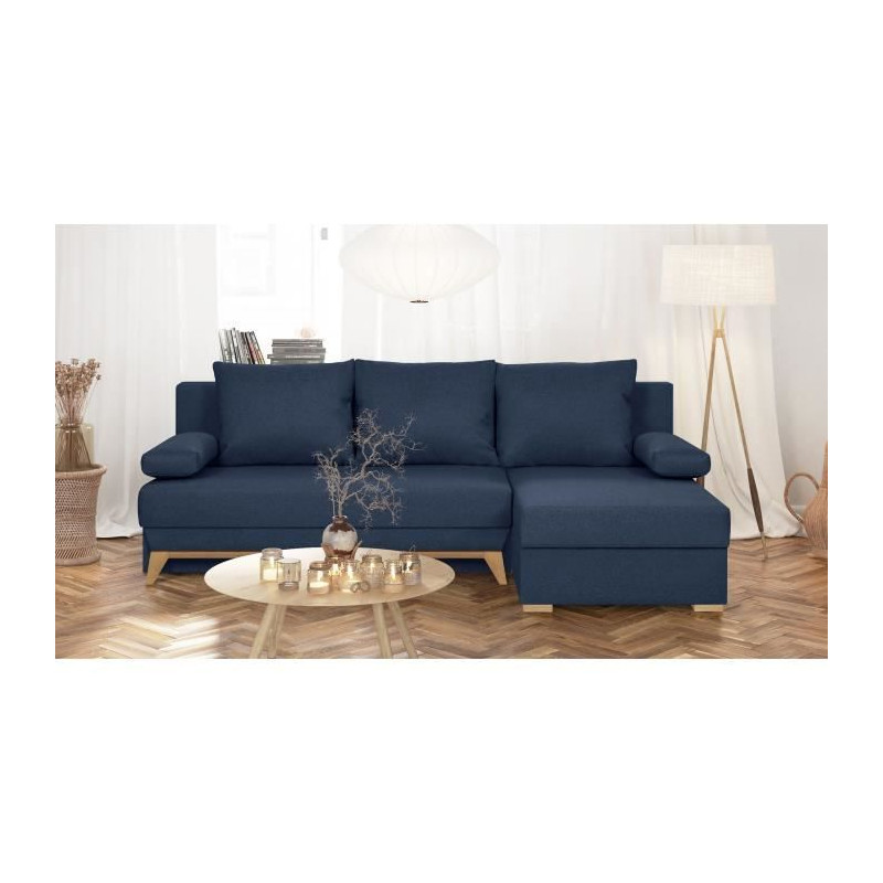 TEIJO Canapé d'angle convertible - Tissu bleu foncé - L 197 x P 91/132 x H 82 cm