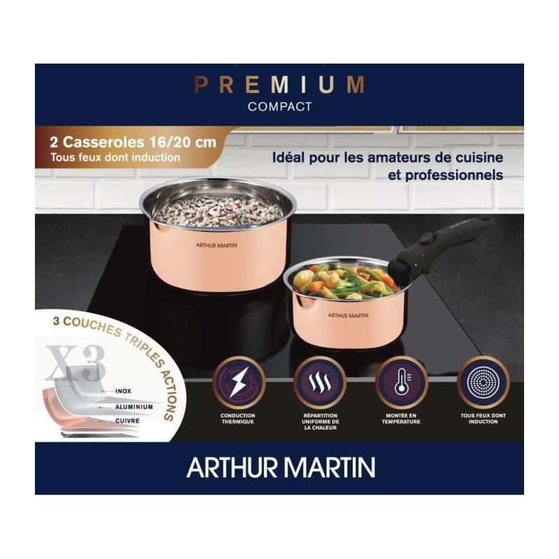 2 casseroles 16-20 cm + 1 poignée - ARTHUR MARTIN - AM720GT - 3 couches triple action - Tous feux dont induction