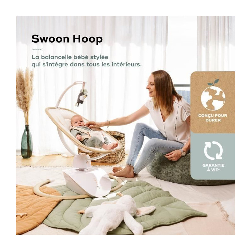 Babymoov Balancelle Bébé Swoon Hoop - Télécommande incluse, Ultra Confort, Design Épuré, Assise Rotative 90°, Arche de je