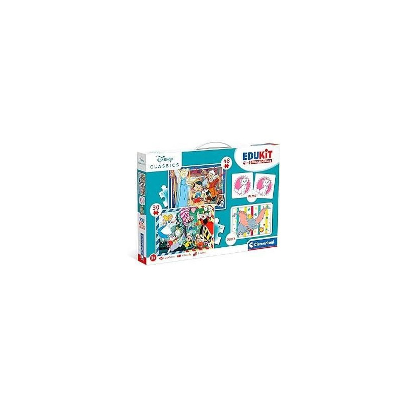 Clementoni - Edukit - Disney - Coffret apprentissage 4 en 1 - 2 puzzles, 1 mémo, 1 jeu de 6 cubes - Fabriqué en Italie - Dés