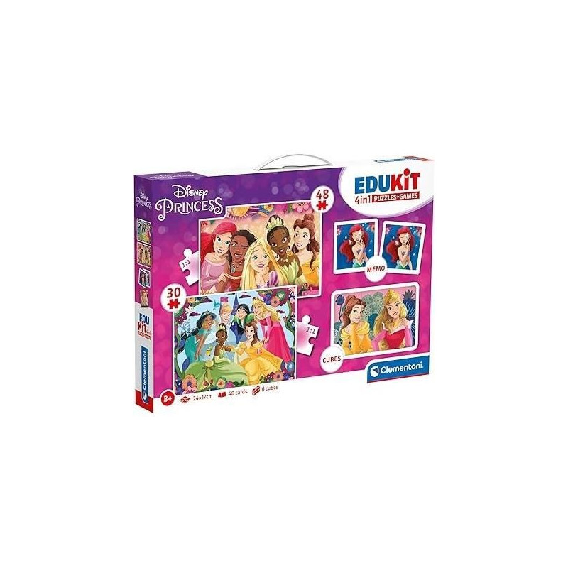 Clementoni - Edukit - Disney Princesses - Coffret apprentissage 4 en 1 - 2 puzzles, 1 mémo, 1 jeu de 6 cubes - Fabriqué en Ita