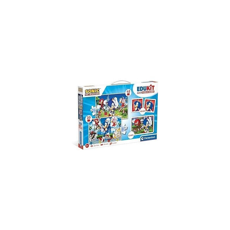 Clementoni - Edukit - Sonic - Coffret apprentissage 4 en 1 - 2 puzzles, 1 mémo, 1 jeu de 6 cubes - Fabriqué en Italie -Dés 4a