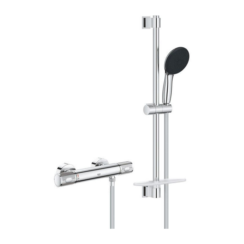 Ensemble de douche avec mitigeur thermostatique, pommeau 3 jets, barre 60cm et flexible - GROHE 34791001 - Economie d'eau - Chro