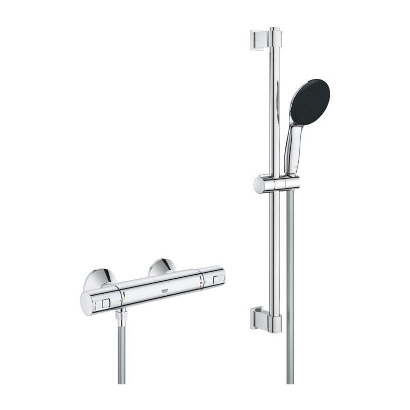 Ensemble de douche avec mitigeur thermostatique, pommeau 1 jet, barre 60cm et flexible - GROHE 34597001 - Economie d'eau - Chrom