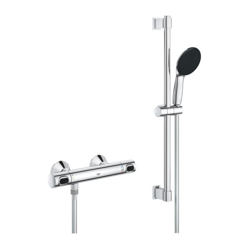 Ensemble de douche avec mitigeur thermostatique, pommeau 1 jet, barre 60cm et flexible - GROHE 34800001 - Economie d'eau - Chrom