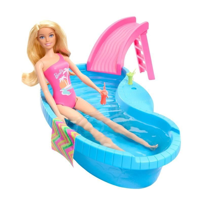 Barbie - Poupée et accessoires - Coffret poupée blonde avec piscine