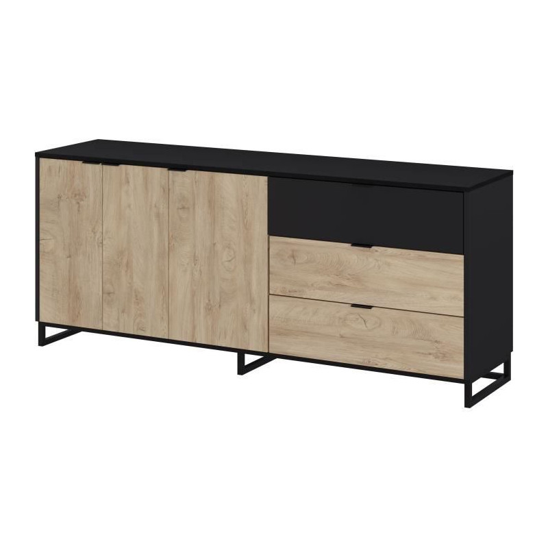 Buffet NEO - Mélaminé chene et noir - 3 portes + 2 tiroirs + 1 niche - L180 x P44 x H75,5 cm