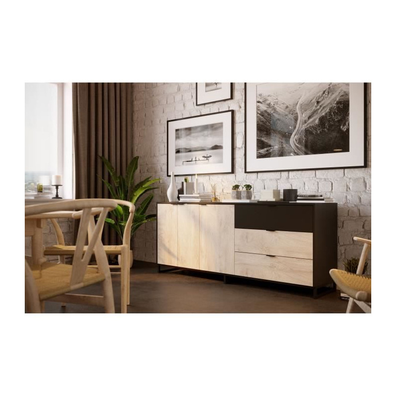 Buffet NEO - Mélaminé chene et noir - 3 portes + 2 tiroirs + 1 niche - L180 x P44 x H75,5 cm