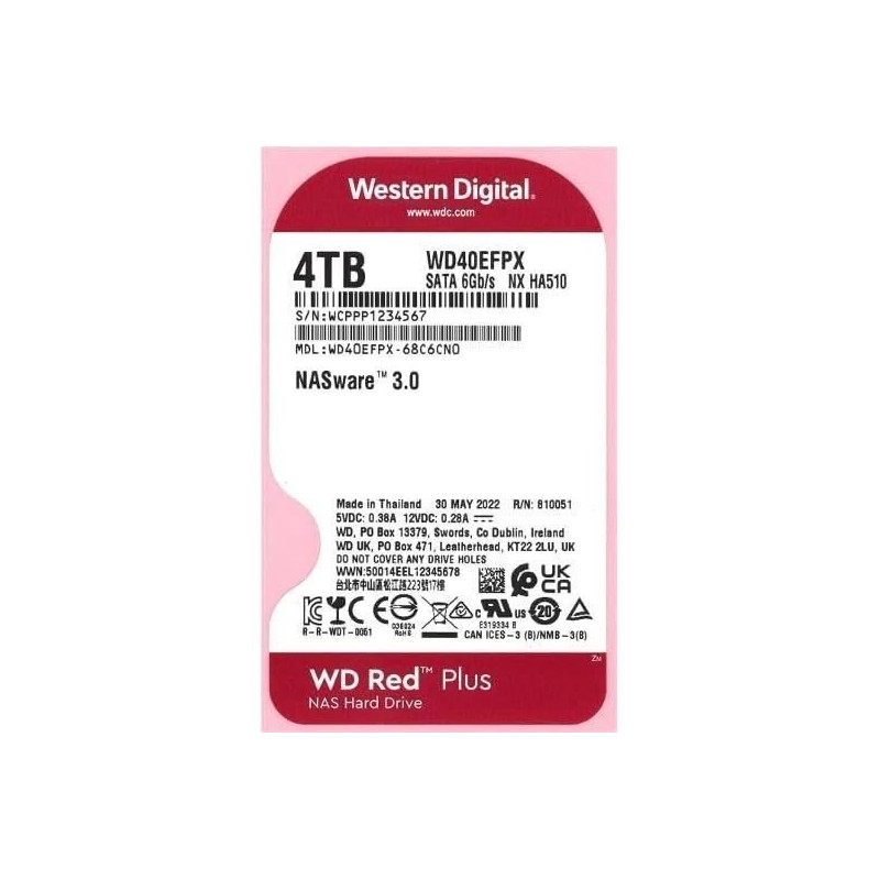 Disque dur Interne - WESTERN DIGITAL - Red Plus - 4To - 3.5 - Dédié NAS - 5400 RPM Class - SATA 6 GB/s (WD40EFPX)