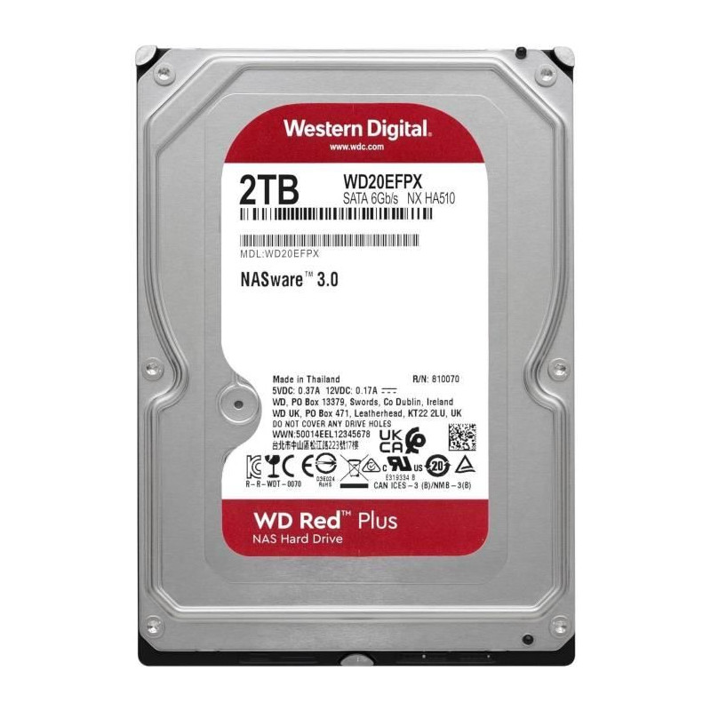 Disque dur Interne - WESTERN DIGITAL - Red Plus - 2To - 3.5 - Dédié NAS - 5400 RPM Class - SATA 6 GB/s (WD20EFPX)