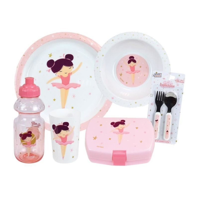 Lot Vaisselle Danseuse Ballerine - FUN HOUSE - 006364 - Verre, Assiette Creuse, Assiette Plate, Couverts, Gourde et Boîte Goût