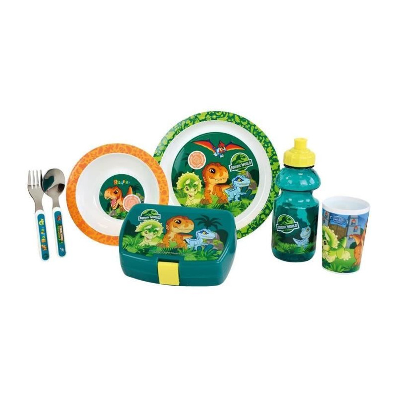 Lot Vaisselle Jurassic pour Enfant - FUN HOUSE - 006322 - Verre, Assiette Creuse, Assiette Plate, Couverts, Gourde et Boîte Go