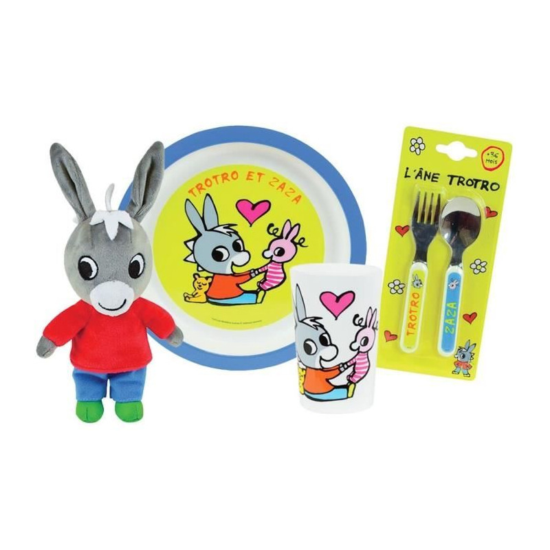 Lot Vaisselle Trotro pour Enfant - FUN HOUSE - 006374 - Verre, Assiette Plate, Couverts et Peluche Douce