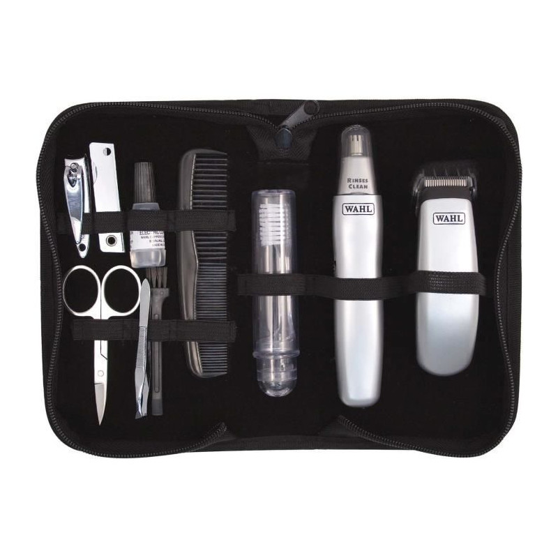 Kit de voyage barbe - WAHL - TRAVEL KIT - Tondeuse a pile - Coupe poils nez / oreilles - 6 réglages - Gris