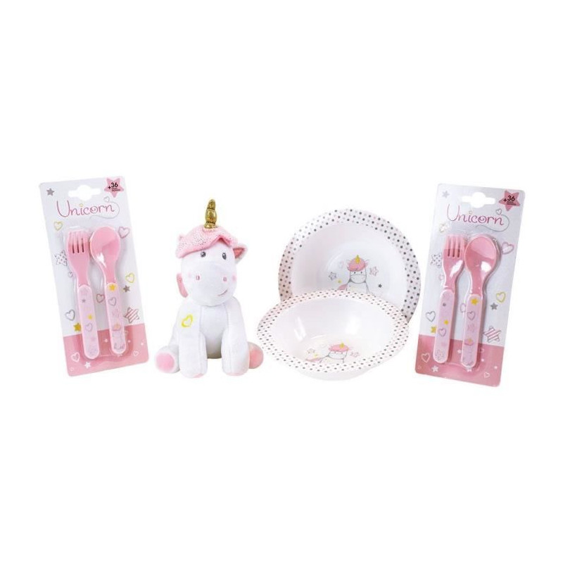 Lot Vaisselle Licorne pour Enfant - FUN HOUSE - 006319 - 2 Assiettes, 2 Sets de Couverts et 1 Peluche Douce