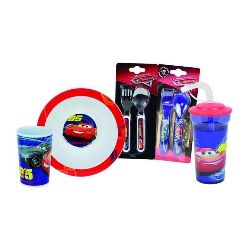 Lot Vaisselle Disney Cars pour Enfant - FUN HOUSE - 006378 - Verre, Assiette Creuse, Verre avec Paille et 2 Sets de Couverts