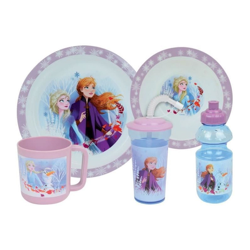 Lot Vaisselle Disney Reine des Neiges - FUN HOUSE - 006379 - Assiette Creuse, Assiette Plate, Mug, Gourde et Gobelet avec Paille