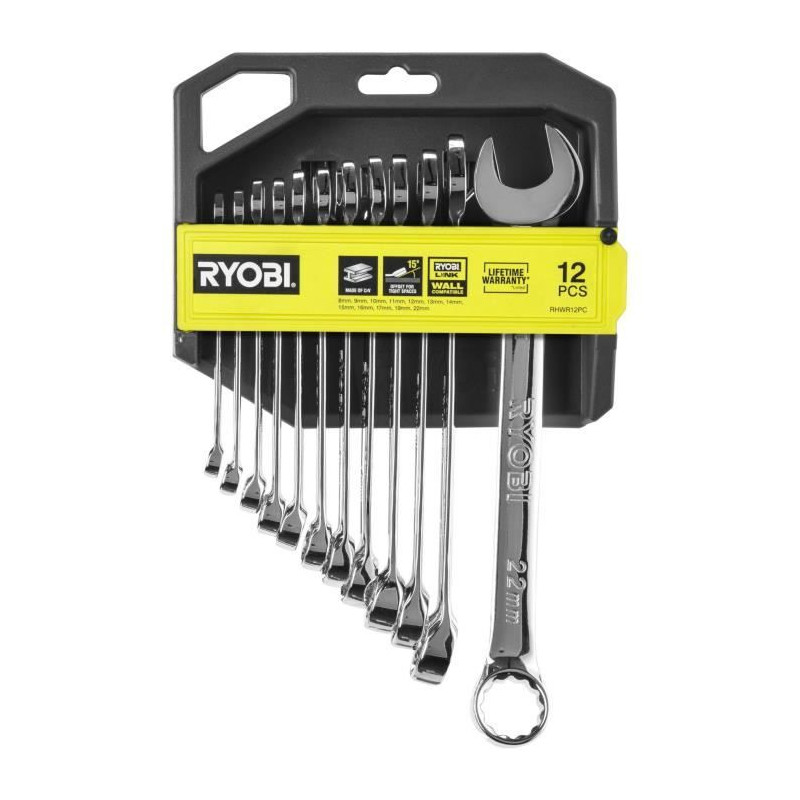 Jeu de 12 clés (8, 9, 10, 11, 12, 13, 14, 15, 16, 17, 19, 22 mm) - RYOBI - Angle de reprise 15° - Compatible avec Ryobi LINK