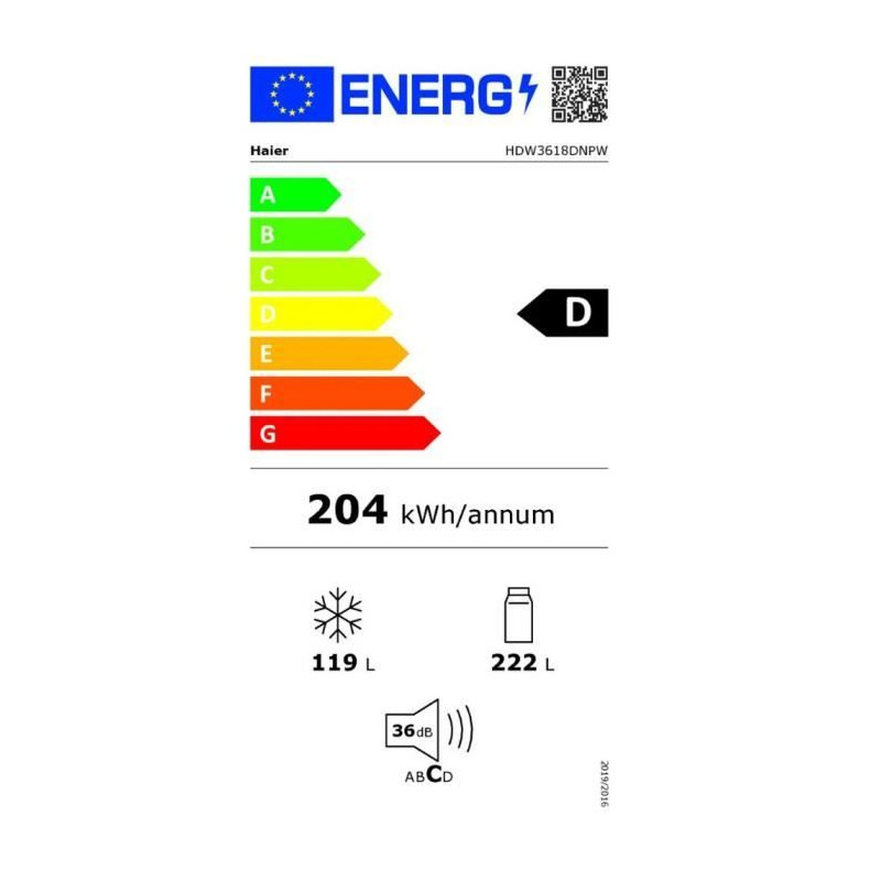 Réfrigérateur combiné - HAIER - HDW3618DNPW - Classe D - 341 L - 36 dB - Blanc