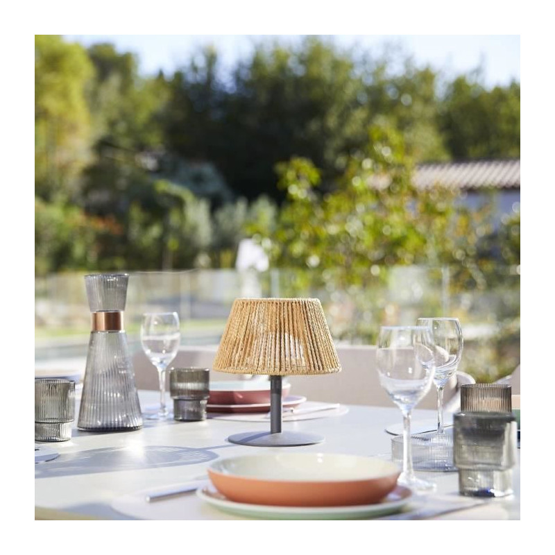 Lampe de table sans fil - LUMISKY - STANDY MINI RAFFY - H22 cm - Raphia naturel - LED blanc chaud et blanc