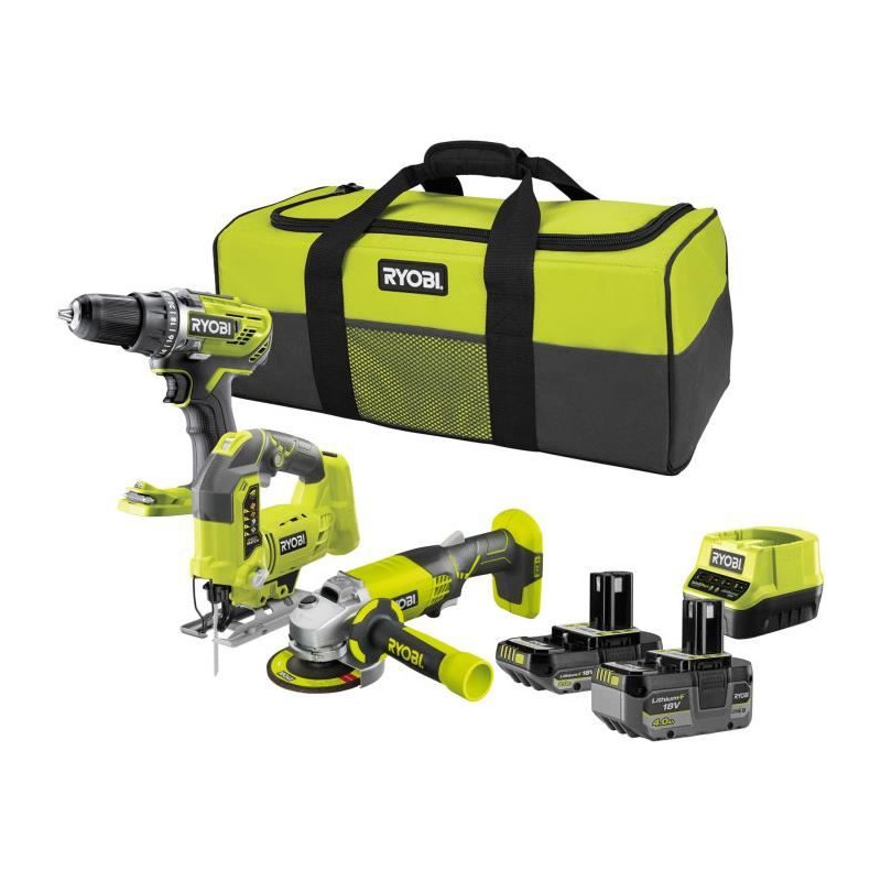 RYOBI 3 outils : 1 perceuse-visseuse Brushless + 1 meuleuse 115 mm + 1 scie sauteuse + 2 batteries 4 Ah & 2 Ah + 1 chargeur & 1