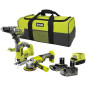 RYOBI 3 outils : 1 perceuse-visseuse Brushless + 1 meuleuse 115 mm + 1 scie sauteuse + 2 batteries 4 Ah & 2 Ah + 1 chargeur & 1