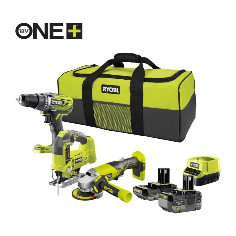 RYOBI 3 outils : 1 perceuse-visseuse Brushless + 1 meuleuse 115 mm + 1 scie sauteuse + 2 batteries 4 Ah & 2 Ah + 1 chargeur & 1