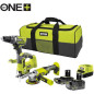 RYOBI 3 outils : 1 perceuse-visseuse Brushless + 1 meuleuse 115 mm + 1 scie sauteuse + 2 batteries 4 Ah & 2 Ah + 1 chargeur & 1