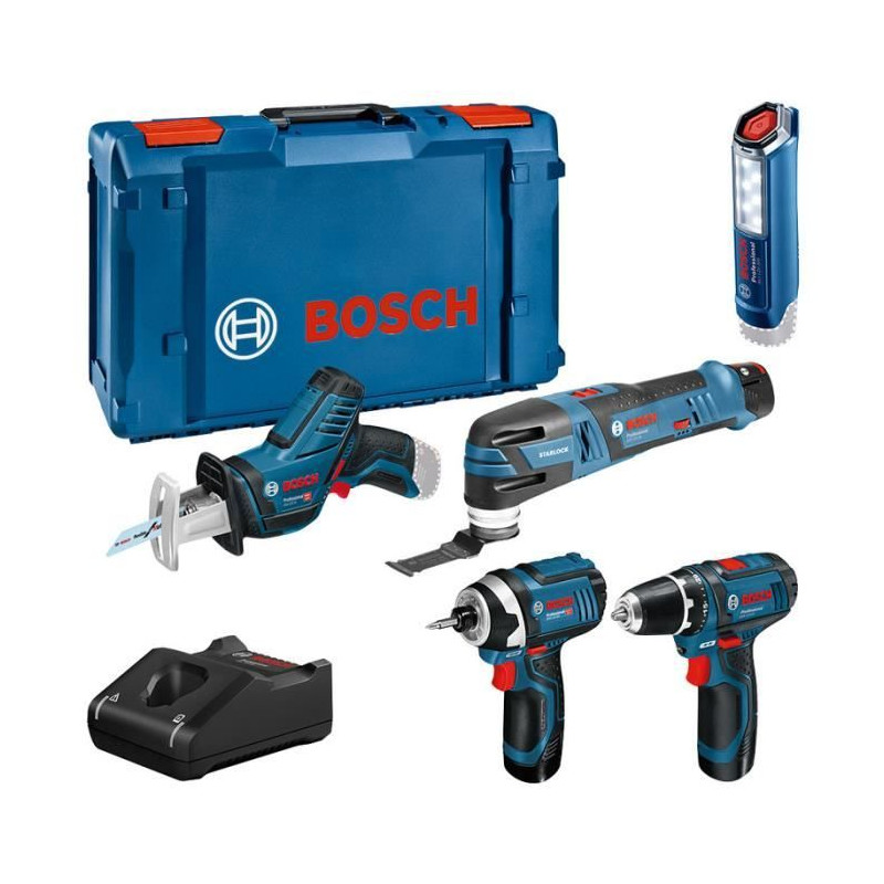 KIT 5 OUTILS Bosch Professional : GSR 12V15 + GOP 12V28 + GDR 12V105 + GSA 12V14 + GLI 12V300 + 3x2,0Ah + Chargeur,XLBoxx-061599