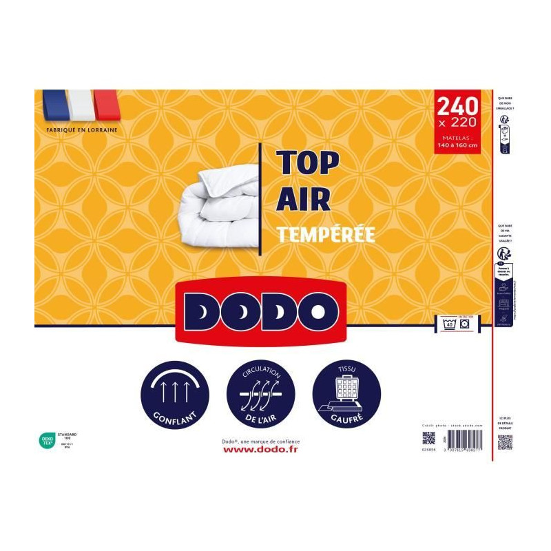 Couette tempérée - DODO - TOP AIR - 220 x 240 cm - 300G/M² - Blanc