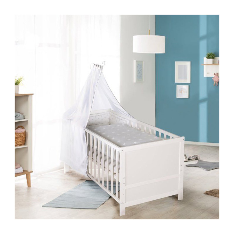 Lit Bébé Évolutif 70x140 - ROBA - Réglable en Hauteur - 3 Barreaux Amovibles - Coins de Transformation Inclus - Bois Blanc