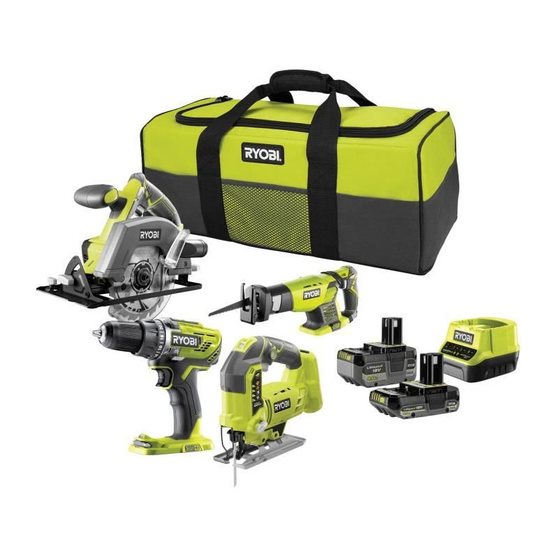 RYOBI Pack 4 outils sans fil One+ RCK184C-242S - Perceuse - 3 scies circulaire, sauteuse, sabre - 2 batteries 2Ah et 4Ah