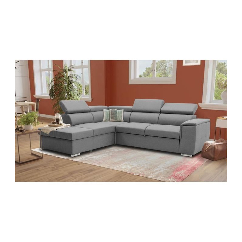 Canapé d'angle convertible réversible avec coffre - 5 places - DAYTONA - Tissu gris - 260 x 77 / 94 x 216 cm